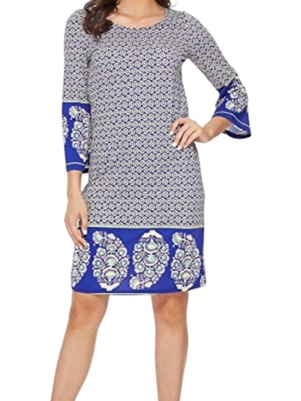 ARYEH Blue Geometric & Paisley Print Shift Dress 3/4 Bell Sleeve EUC Size S
